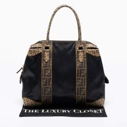 Pre Owned Fendi Tobacco/Black Zucca Coated Canvas and Leather Mixed Media Boston Bag