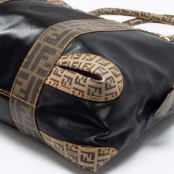 Pre Owned Fendi Tobacco/Black Zucca Coated Canvas and Leather Mixed Media Boston Bag