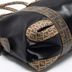 Pre Owned Fendi Tobacco/Black Zucca Coated Canvas and Leather Mixed Media Boston Bag