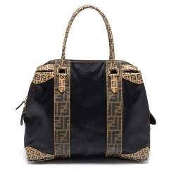 Pre Owned Fendi Tobacco/Black Zucca Coated Canvas and Leather Mixed Media Boston Bag