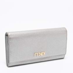 Pre Owned Fendi Silver Leather Logo Flap Continental Wallet