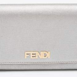 Pre Owned Fendi Silver Leather Logo Flap Continental Wallet