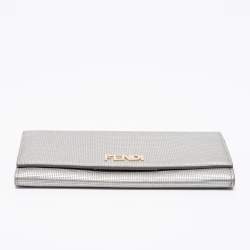 Pre Owned Fendi Silver Leather Logo Flap Continental Wallet