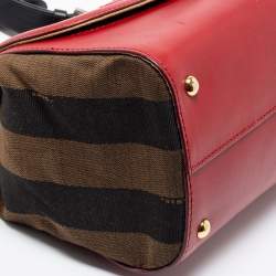 Fendi Red/Brown Leather and Pequin Stripe Canvas Silvana Top Handle Bag