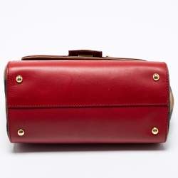 Fendi Red/Brown Leather and Pequin Stripe Canvas Silvana Top Handle Bag