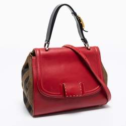 Fendi Red/Brown Leather and Pequin Stripe Canvas Silvana Top Handle Bag