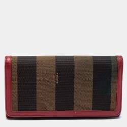 Pre Owned Fendi Brown/Red Pequin Stripe Canvas And Leather Flap Continental Wallet