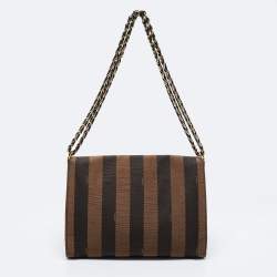 Pre Owned Fendi Tobacco Pequin Canvas Large Claudia Shoulder Bag