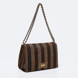 Pre Owned Fendi Tobacco Pequin Canvas Large Claudia Shoulder Bag
