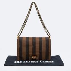 Pre Owned Fendi Tobacco Pequin Canvas Large Claudia Shoulder Bag