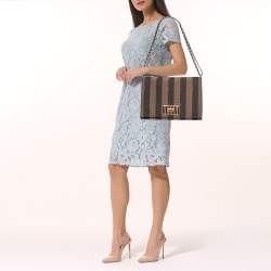 Pre Owned Fendi Tobacco Pequin Canvas Large Claudia Shoulder Bag