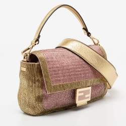 Pre Owned Fendi Pink/Gold Sequins Flap Baguette Bag