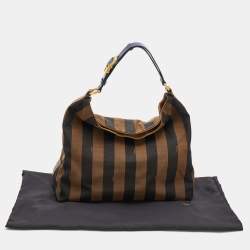 Pre Owned Fendi Brown/Navy Blue Pequin Stripe Canvas And Leather Hobo