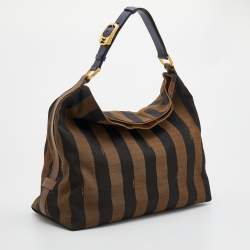 Pre Owned Fendi Brown/Navy Blue Pequin Stripe Canvas And Leather Hobo