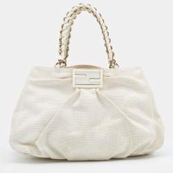 Pre Owned Fendi White Canvas/Straw and Patent Leather Large Mia Shoulder Bag