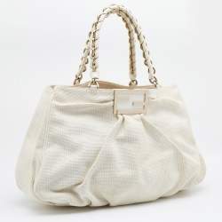 Pre Owned Fendi White Canvas/Straw and Patent Leather Large Mia Shoulder Bag