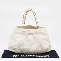 Pre Owned Fendi White Canvas/Straw and Patent Leather Large Mia Shoulder Bag