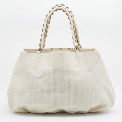 Pre Owned Fendi White Canvas/Straw and Patent Leather Large Mia Shoulder Bag