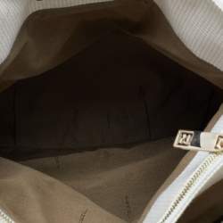 Pre Owned Fendi White Canvas/Straw and Patent Leather Large Mia Shoulder Bag