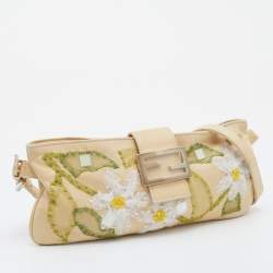 Pre Owned Fendi Light Beige Leather and Lace Embroidered Shoulder Bag