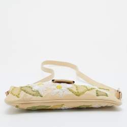 Pre Owned Fendi Light Beige Leather and Lace Embroidered Shoulder Bag