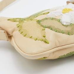 Pre Owned Fendi Light Beige Leather and Lace Embroidered Shoulder Bag