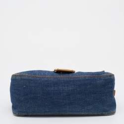 Pre Owned Fendi Blue/Beige Denim and Lizard Mama Baguette Bag
