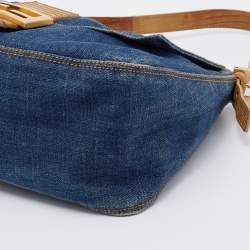 Pre Owned Fendi Blue/Beige Denim and Lizard Mama Baguette Bag
