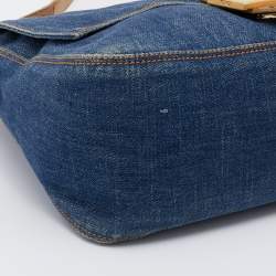 Pre Owned Fendi Blue/Beige Denim and Lizard Mama Baguette Bag