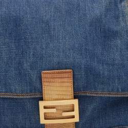 Pre Owned Fendi Blue/Beige Denim and Lizard Mama Baguette Bag