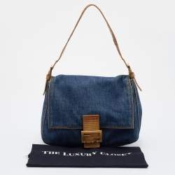 Pre Owned Fendi Blue/Beige Denim and Lizard Mama Baguette Bag