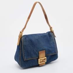 Pre Owned Fendi Blue/Beige Denim and Lizard Mama Baguette Bag