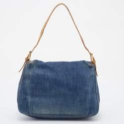 Pre Owned Fendi Blue/Beige Denim and Lizard Mama Baguette Bag