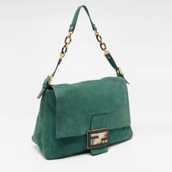 Pre Owned Fendi Metallic Green Nubuck Leather Mama Baguette Shoulder Bag