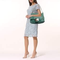 Pre Owned Fendi Metallic Green Nubuck Leather Mama Baguette Shoulder Bag