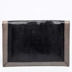 Pre Owned Fendi Black/Grey Lizard Embossed Leather Flap Clutch