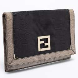 Pre Owned Fendi Black/Grey Lizard Embossed Leather Flap Clutch