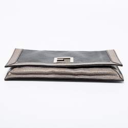 Pre Owned Fendi Black/Grey Lizard Embossed Leather Flap Clutch