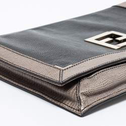 Pre Owned Fendi Black/Grey Lizard Embossed Leather Flap Clutch