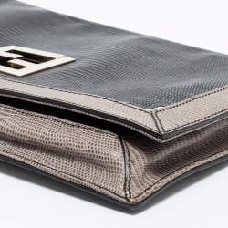 Pre Owned Fendi Black/Grey Lizard Embossed Leather Flap Clutch