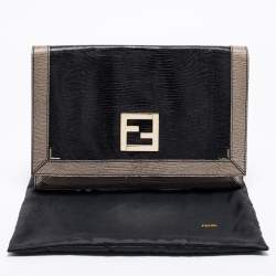 Pre Owned Fendi Black/Grey Lizard Embossed Leather Flap Clutch