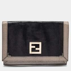 Pre Owned Fendi Black/Grey Lizard Embossed Leather Flap Clutch