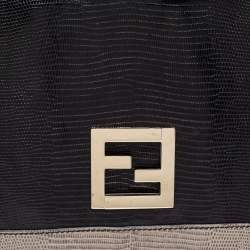 Pre Owned Fendi Black/Grey Lizard Embossed Leather Flap Clutch