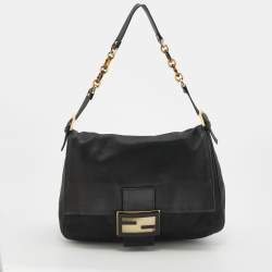 Pre Owned Fendi Metallic Black Leather Mama Forever Baguette Bag