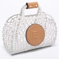 Pre Owned Fendi White/Light Brown Plastic and Leather Small Basket Tote