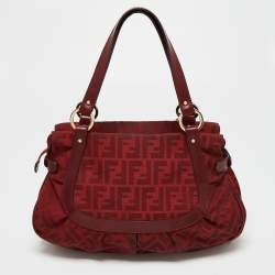 Pre Owned Fendi Red Zucca Canvas And Leather Chef Shoulder Bag