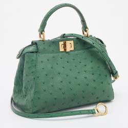 Pre Owned Fendi Green Ostrich Leather Mini Peekaboo Top Handle Bag