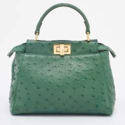 Pre Owned Fendi Green Ostrich Leather Mini Peekaboo Top Handle Bag