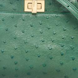 Pre Owned Fendi Green Ostrich Leather Mini Peekaboo Top Handle Bag