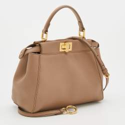 Pre Owned Fendi Taupe Leather Mini Peekaboo Top Handle Bag